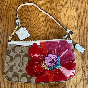Coach 6264 Brown Signature Logo Poppy Red Floral Applique Baguette Handbag NEW!